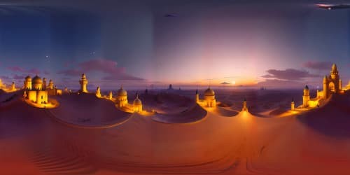 VR360: Masterpiece quality, ultra high-resolution, Arabian Nights-inspired style. Palace terrace overlooking Middle Eastern city, intricate architecture, minarets silhouetted against twilight sky. Desert landscape, endless sand dunes blending into horizon. VR360: Dynamic contrast, fantasy-digital painting fusion style, dreamy starglow, city lights twinkling below.