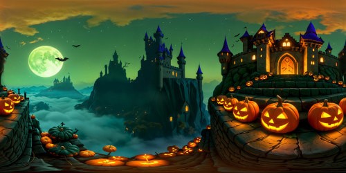 An impeccably detailed, ultra-high-resolution scene featuring a haunted castle amidst a Halloween-themed setting, complete with flickering ghostly apparitions, eerie pumpkins, and a chillingly atmospheric mist.