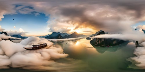 A flawless masterpiece capturing the essence of classical Chinese ink art, showcasing misty clouds enveloping a solitary boat gliding down a cold tranquil river, intricately detailed in ultra-high resolution perfection.