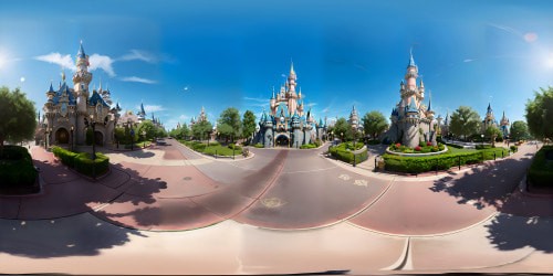 Vintage Disneyland, Main Street USA, VR360 view, Walt Disney statue, Mickey Mouse in arms, nostalgic color palette, 1950s-style structures, 50s era embellishments. Ultra high-res, VR360 Pixar-style rendition, crisp detailing, rich textures, masterpiece quality.