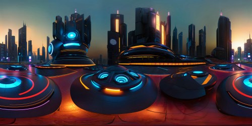 Ultra high-res VR360 view, futuristic city in neon glow, sci-fi cybercity aesthetic. Detailed, masterpiece quality, 4K resolution. Gleaming cityscape, VR360 panorama. Cybernetic architecture, universe backdrop. Ultra-realistic graphics, sci-fi planet in future setting.