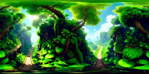 Elevated VR360 view: lush rainforest expanse, diverse tropical flora palette, dense jungle foliage. Stylized as 'masterpiece' art: heightened detail, ultra-high resolution. Fluttering silhouettes in the sky, shapes suggesting bird-life. Gentle implication of creature movement amid undergrowth, preserving VR360 panorama integrity.