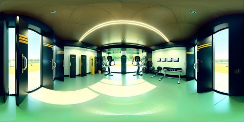 Ultra-high resolution VR360, men's locker room reimagined. Hand-carved wooden lockers, endless rows, glossy marble floor, green-tinted ceiling lights, reflection pools. Neatly aligned gym equipment, minimalistic furniture, grand ceiling mirror. Style: hyper-realistic digital painting, striking chiaroscuro, meticulous detailing.