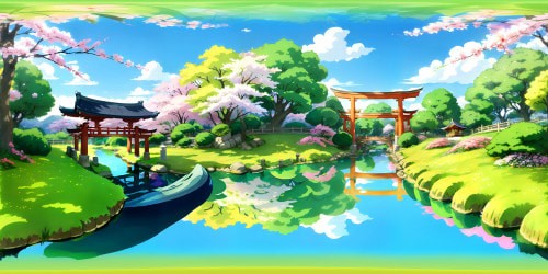 Mega-pixel masterpiece, ultra-high-resolution, VR360. VR360 panorama of idyllic traditional Japanese scenery. Giant torii gate, koi pond, cherry blossom trees. Background, azure sky, puffy white clouds, floating lanterns. Style, upbeat anime, radiant colors, big-smile metaphor.
