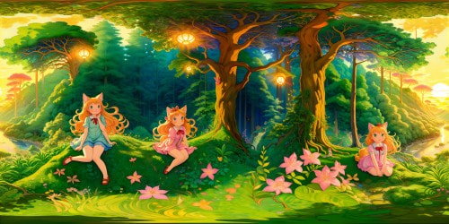 An ultra high-resolution depiction of a flawless, enchanted forest populated with Neko Catgirls, dappled sunlight filtering through lush foliage, sparkling streams, vibrant flora, and golden hour hues painting the serene scene.