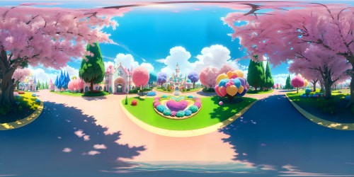 VR360 scene, grand Carebear Land, pastel rainbow landscape, fluffy cotton-candy clouds, blossoming heart-shaped trees, sparkling candy cane archways. Style: Ultra high-res, soft Pixar-like textures, vibrant color palette, dreamy fantasy art elements, captivating, masterpiece quality.