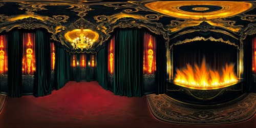 A grand theater in the fiery depths of Hell, rich velvet curtains engulfed in flames, shimmering golden chandeliers casting eerie shadows, intricate demonic carvings etched into obsidian walls, a macabre yet captivating spectacle in flawless ultra-high resolution.