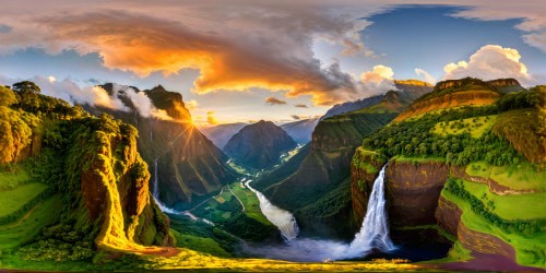 A flawless, high-definition depiction of the majestic Ethiopian highlands; vibrant terraced valleys cascade with lush greenery and wildflowers under a golden sunrise, embraced by towering cliffs, cascading waterfalls, and an awe-inspiring sky filled with dramatic clouds.