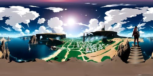 VR360 view: colossal titan from Attack on Titan at the center, smoky backdrop, debris-strewn foreground, anime style. Ultra-high res, steep perspective for VR360 immersion, emphasis on colossal titan's scale.