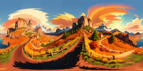 VR360 ultra-high-resolution, timeless masterpiece, snow-capped mountain, vibrant sunset hues. Blending Pixar-style animation, French impressionist elements. Exquisite VR360 mountainous silhouette against fiery twilight.