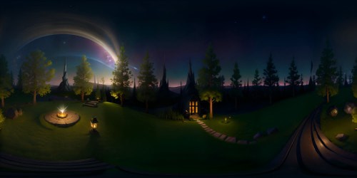 VR360 scene: Ultra HD masterpiece starlit forest, majestic barndo with grand porch, glowing fire pit. VR360 view: Cozy ambiance, ethereal night sky, twinkling constellation pattern. Style: Romantic, atmospheric, softer Pixar-styled rendering, love-infused hues.