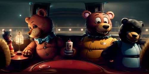 game five night at freddy's restaurant, with u.s. 90s fast food style creepy dark light. with some scary teddy bear