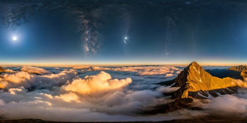 A shimmering, ethereal landscape unfolds below, bathed in the soft glow of a radiant moon, as seen from a UFO hovering over a majestic, starlit mountain range.