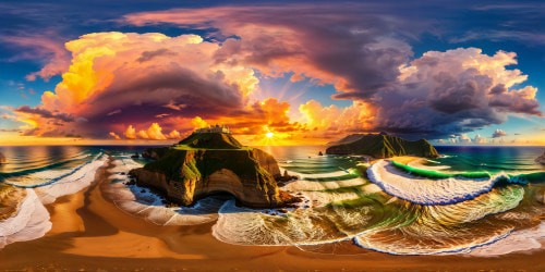 Vibrant and surreal seascape under a mesmerizing multicolored sky, where swirling clouds morph into a canvas of art, each hue blending flawlessly, creating a flawless, ultra high-res masterpiece of the ocean merging with the heavens.