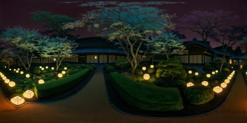 Edo period emaculate Japenese garden at night, lit with cozy warm toned ground lighting and lanterns. detailed kandscaping.