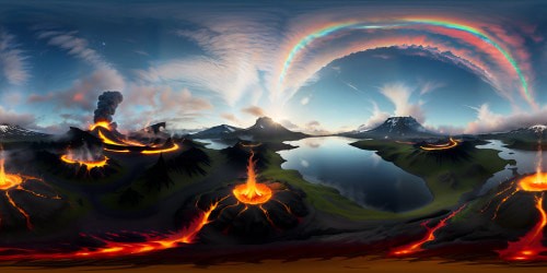 Icelandic nature majesty, VR360 Anora volcano peak, molten lava flow. Palette of fiery oranges, smoky charcoal, snow-white contrasts. Ultra-high resolution, VR360 panoramic expanses, digital painting style. Pixellated perfection, quality reminiscent of a masterpiece.