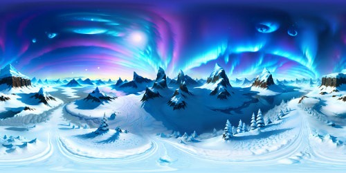 Ultra high-resolution snow planet, icy landscapes spanning VR360 view. Mountainous ranges carved by frosty winds, perpetual snowfall dusting the terrain. Reflective icy surfaces, polar auroras illuminating dark skies. Style: hyper-realistic digital painting, a wintery VR360 masterpiece.