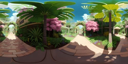 VR360 tropical garden, lush foliage, vibrant, exotic flowers. Ultra high-resolution render, artistic masterpiece, best quality visuals. French-style jardin, VR360 experience. Picasso-style color splash, Monet-influenced aesthetics.