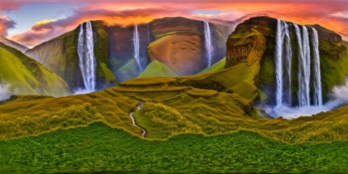 A breathtaking, vast highlands landscape in Ethiopia, showcasing terraced lush green valleys, cascading waterfalls, towering cliffs under a golden sunrise, punctuated with vibrant wildflower fields and dramatic cloud formations.
