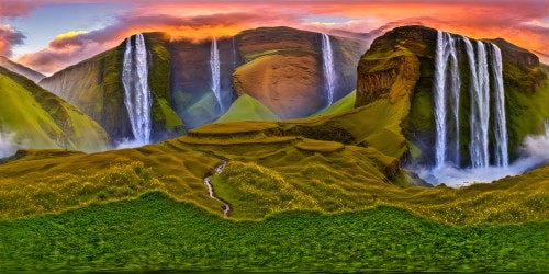 A breathtaking, vast highlands landscape in Ethiopia, showcasing terraced lush green valleys, cascading waterfalls, towering cliffs under a golden sunrise, punctuated with vibrant wildflower fields and dramatic cloud formations.