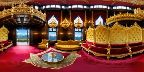 Within the grand Tudor castle's throne room, opulent gold-adorned velvet thrones gleam under the grand chandeliers, surrounded by walls adorned with priceless jewels, regal crowns atop velvet cushions, all captured in flawless ultra high-resolution detail.