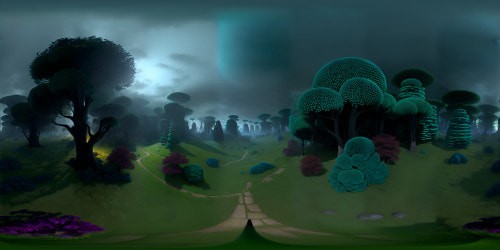 VR360: Ultra-high-res masterpiece, enveloping darkness of dense forest, silhouette of gnarled trees, spooky ethereal glow. Style: Intense chiaroscuro, vivid contrasts, hauntingly beautiful. VR360: Deep shadows, subtle hints of forest life, hidden beauty amid eeriness.