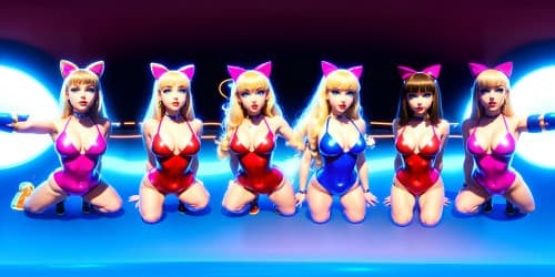 best quality, masterpiece, ultra high res,five 30 year old princesses_wearing pink leotards_wearing gold hoop earrings_wearing red lip gloss_one has blue eyes_two of them are blonde_they are squatting_spread_arms above their heads_close up of armpit_ cat ears