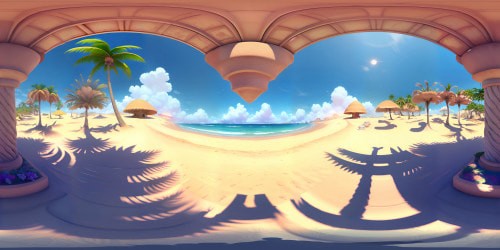 VR360 masterpiece, ultra-high resolution beach scene, glistening azure waters, pearl-white sand. Golden sunset, stunning gradient of colors. Sparse tropical foliage, framing the edges. Style: hyper-realistic digital painting, potent color play, precise textures. Seamless VR360 panorama.