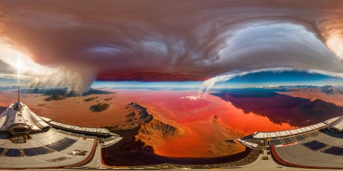 A sleek, highly detailed starship soaring above the blood-red Martian landscape, intricate reflections on polished metal, towering Olympus Mons in the distance under a surreal, stormy crimson sky.