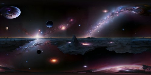 VR360 panorama, galaxies swirling in vibrant hues, nebula clusters sparkling, star-studded black velvet canvas. Ultra-high-res cosmos, digital painting style. Floating asteroids, wisps of cosmic dust. VR360 depth, ethereal, monumental, Celestial masterpiece scene.