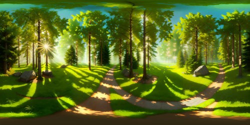 "VR360 ultra-high resolution forest masterpiece, dense woodland, brilliant emerald foliage. Golden shafts of sunlight piercing through, dappled light on mossy floor. Fantasy art style, emphasis on vibrant, surreal colors. VR360 view of captivating treetops reaching the sky, creating a natural grandeur."