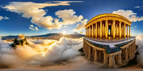 A breathtaking floating metropolis crafted of shimmering crystal and gilded gold, featuring majestic Greco-Roman temples catching the sun's rays, casting a mosaic of colors on the magnificent skyline, a flawless ultra-high-resolution masterpiece.