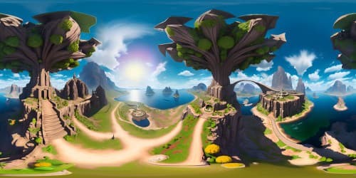 Fortnite-inspired VR360 vastness, Battle Bus soaring across brilliant sunset sky, floating islands, high-rise structures, Loot Lake shimmering. Strong cartoon-realism fusion, vibrant colors, ultra-high resolution, panoramic VR360 view. Pixaresque quality, detailed texturing, 3D depth, interactive masterpiece.