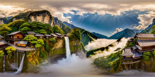 A picturesque Japanese village harmoniously embraced by verdant mountains, embraced by a tranquil lake, cascading waterfalls, and towering cliffs, depicted in flawless, ultra-high resolution, a masterpiece of serene beauty.