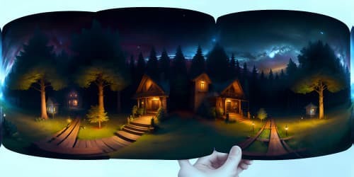 VR360 view, ultra high res, masterpiece quality. Shadowy dark forest, blackened towering trees, distant hills' outline. Night theme, constellation-speckled sky. Brushstroke-style rendering, VR360 immersive experience. skyview night time