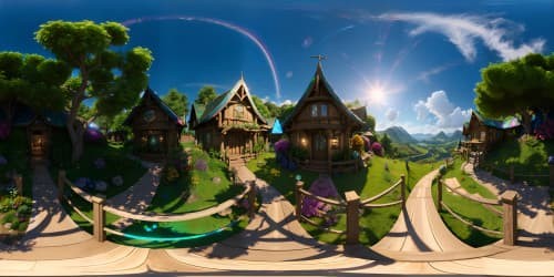 Masterpiece quality, ultra high-res VR360 panorama, lush Shire vegetation, rolling green hobbit hills, quaint hobbit holes, rustic wooden fences, flower-laden pathways, golden sunset over distant mountains, fantasy art style.