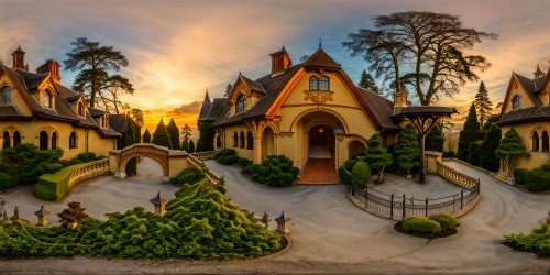 Epic sunset casting warm hues over a flawless, detailed Victorian mansion, surrounded by lush gardens and towering trees, with a majestic Golden Retriever gazing out from the grand entrance, captured in ultra-high resolution detail.