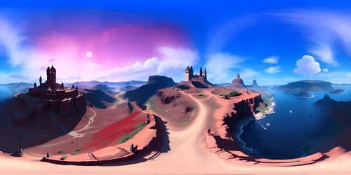 a red flat world with a lot of trees and castles and a blue skys and red stars and a blue sun