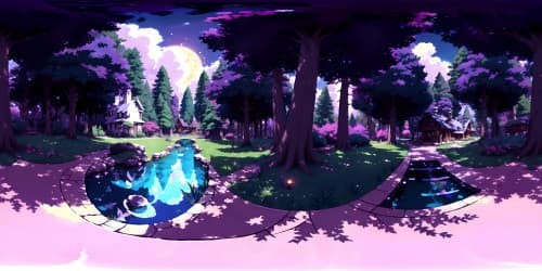 VR360 dreamlike fantasy art, ultra high-res masterpiece, vibrant hues of sapphire, moonlight bathing tranquil forest, distant silhouettes of whispering trees, radiant full moon illuminating Frieren asleep, crisp, ultra-detailed textures.