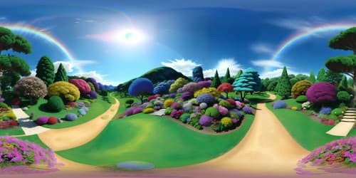 Ultra-HD VR360 skyview, Japanese botanical garden, floral masterpiece. Rainbow blooms, intensified colors, Realism with whimsical touch. Minimalist foreground, expansive VR360 flora vista. Best quality, masterpiece, ultra high-res.