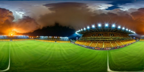 A flawless ultra high-resolution artwork capturing the majestic Tigres UANL stadium under radiant floodlights during a night match, showcasing a vibrant green pitch, a roaring crowd, and towering panther statues at each corner, illuminating the epic atmosphere of a monumental football battle.