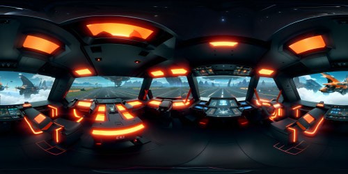 High-detail interior spaceship, orange-lit control panels, sleek command deck for VR360 view. Futuristic screens, holographic displays, orange theme, metallic surfaces reflecting soft light. Ultra high-resolution masterpiece in VR360. Cyberpunk art style influences, radiating intense futurism.