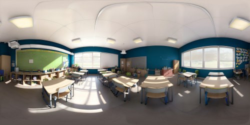 Pixar-style, vibrant colors, ultra-HD, chalk-dusted classroom. Carefully-drawn equations on blackboard, worn-out textbooks, empty wooden desks. Floor with tiny pebbles, a single pair of bare feet. A VR360 masterpiece in exceptional quality, the ambience of enlightened learning. Encapsulating the silent stories within the classroom, immersing in the tranquility of this VR360