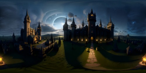 Masterpiece Gothic castle, towering spires, intricate bird carvings, VR360 ultra high-res. Stone battlements, soaring archways, VR360 perspective. Swirling twilight skies, ominous dark hues, ultra high resolution. Captivating textures, Gothic digital art style. Crystal clear VR360 details, grandeur, premium quality. Masterpiece VR360 sky view, Gothic vibe.