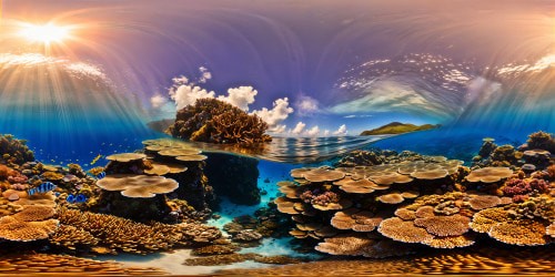 Vibrant coral reef teeming with life in ultra high-resolution, sun rays piercing the crystal-clear depths, majestic rock formations, schools of colorful fish dancing in the currents, setting a flawless masterpiece of the deep sea world.