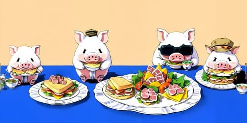 five pigs wearing tophats and darkglasses eating ham sandwiches manga