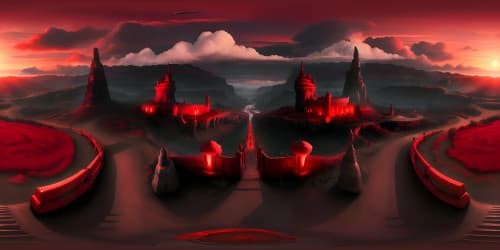 as TV drama Stranger Thing styled Gothic Castles SURROUNDED BY vocalnic stones. dark red background 