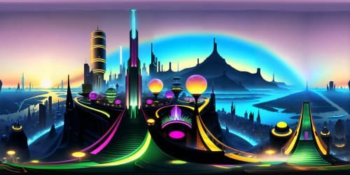 VR360 metropolitan skyline, towering skyscrapers, lit windows, reflecting sunset hues. Intricately detailed, ultra-high resolution. Realistic style, luminescent city lights in VR360 panorama. Elegant masterpiece.