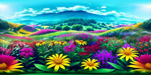 A photo realistic field of wildflowers with mountains in the background