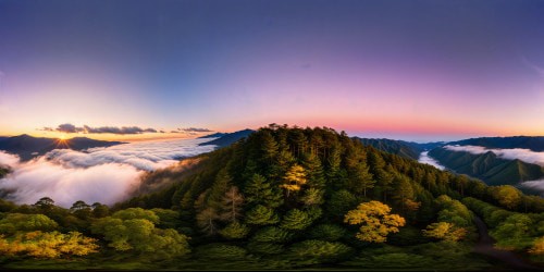 looking out through a gap in the densely forested hills of Japan. View from the height of a 3rd story balcony. Lightly shrouded in patches of mist, at dawn. The sun filters soft pink and yellow light through the air. Birds can be seen flying in the distance. Calm, uplifting atmostphere.